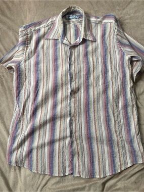 Entry Short-Sleeve Button-Up Shirt in Cream with Blue & Pink Stripes